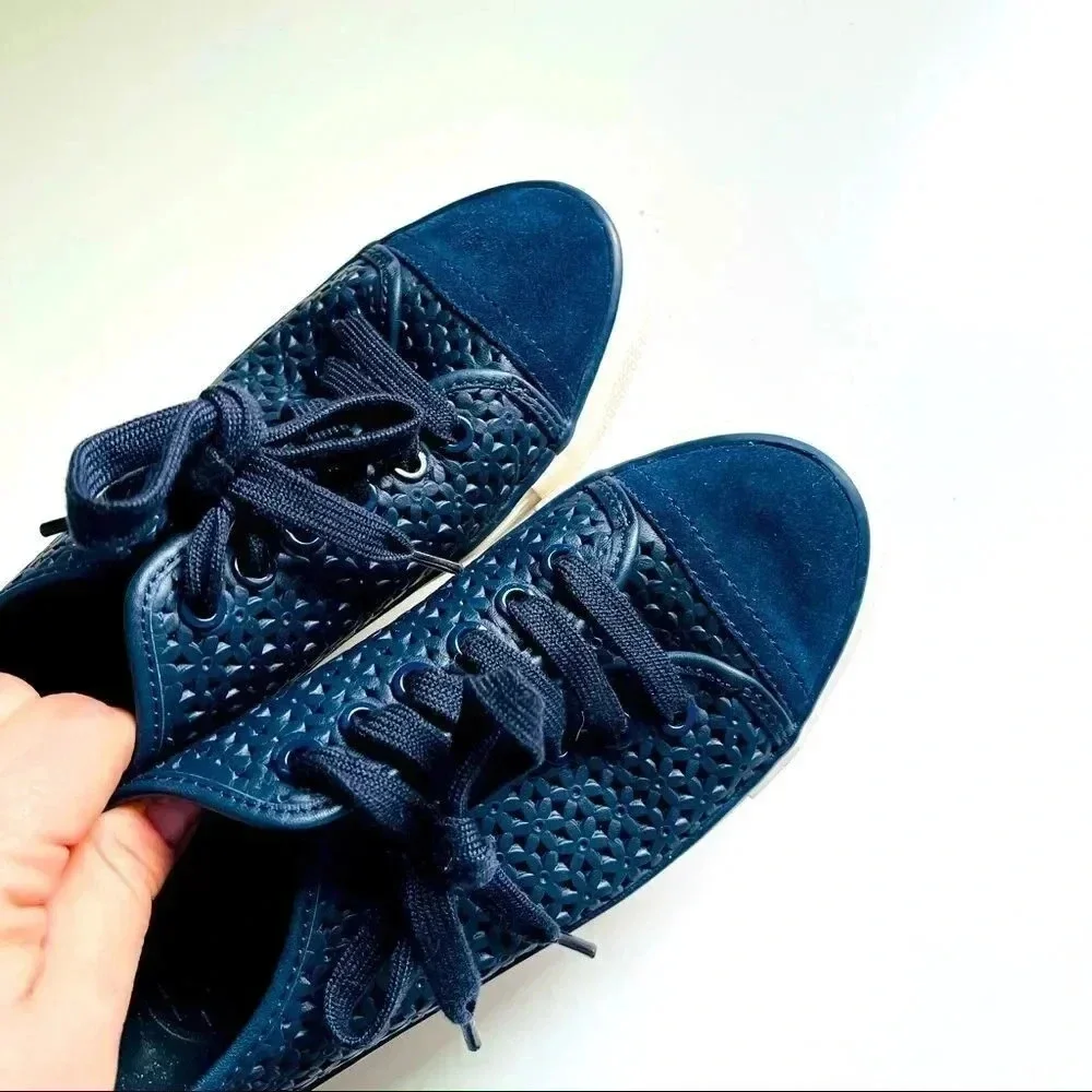 Tory Burch Navy Floral Perforated Leather/Suede Sneakers